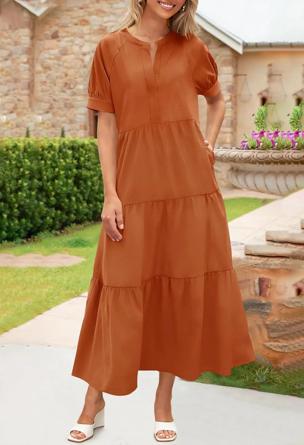 MEROKEETY Women Short Sleeve Summer Dress Button Down V Neck Ruffle Tiered Maxi Dresses