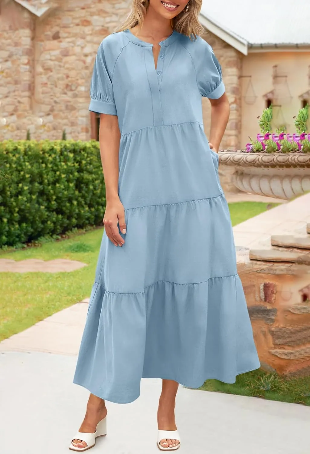 MEROKEETY Women Short Sleeve Summer Dress Button Down V Neck Ruffle Tiered Maxi Dresses
