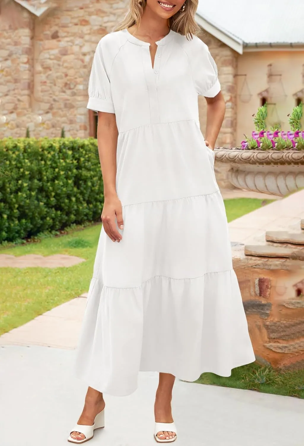 MEROKEETY Women Short Sleeve Summer Dress Button Down V Neck Ruffle Tiered Maxi Dresses