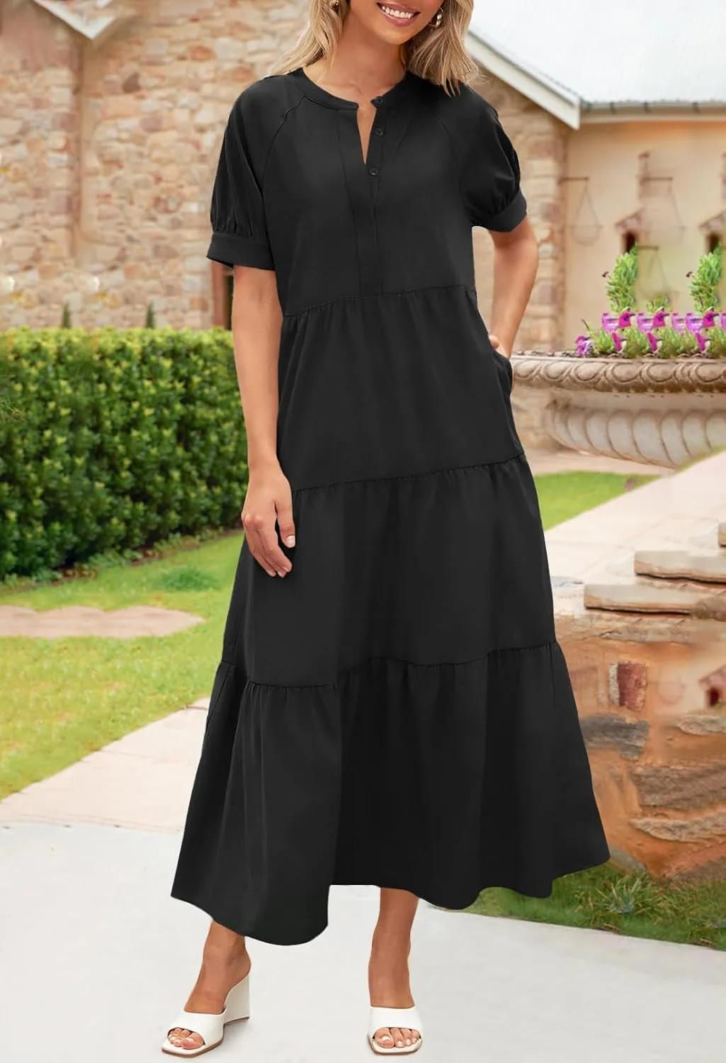 MEROKEETY Women Short Sleeve Summer Dress Button Down V Neck Ruffle Tiered Maxi Dresses