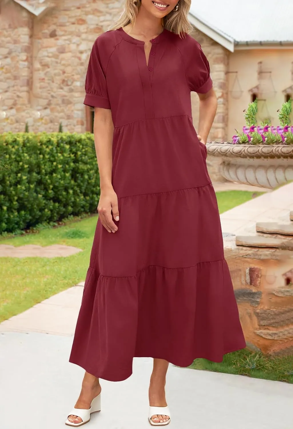 MEROKEETY Women Short Sleeve Summer Dress Button Down V Neck Ruffle Tiered Maxi Dresses