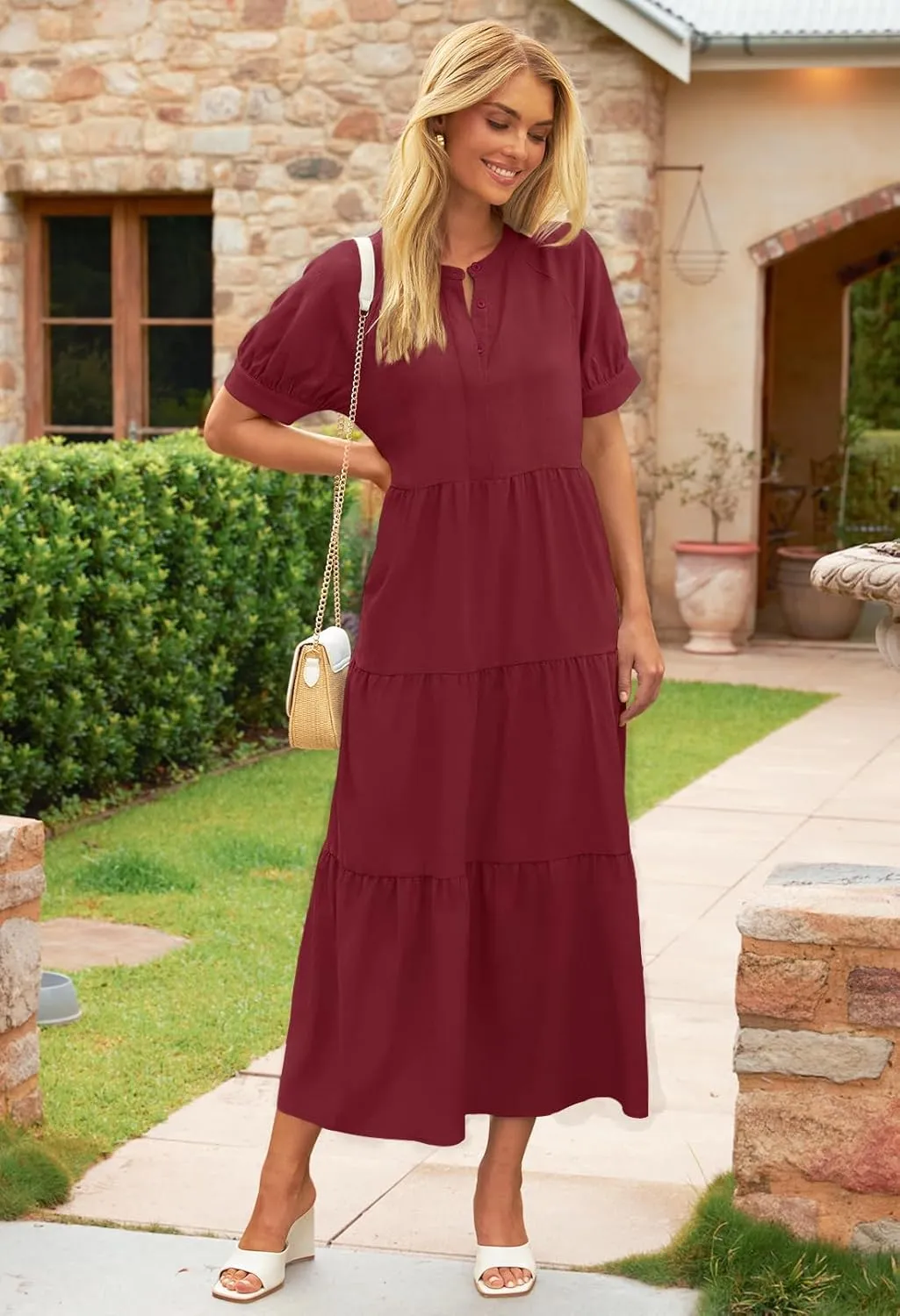 MEROKEETY Women Short Sleeve Summer Dress Button Down V Neck Ruffle Tiered Maxi Dresses