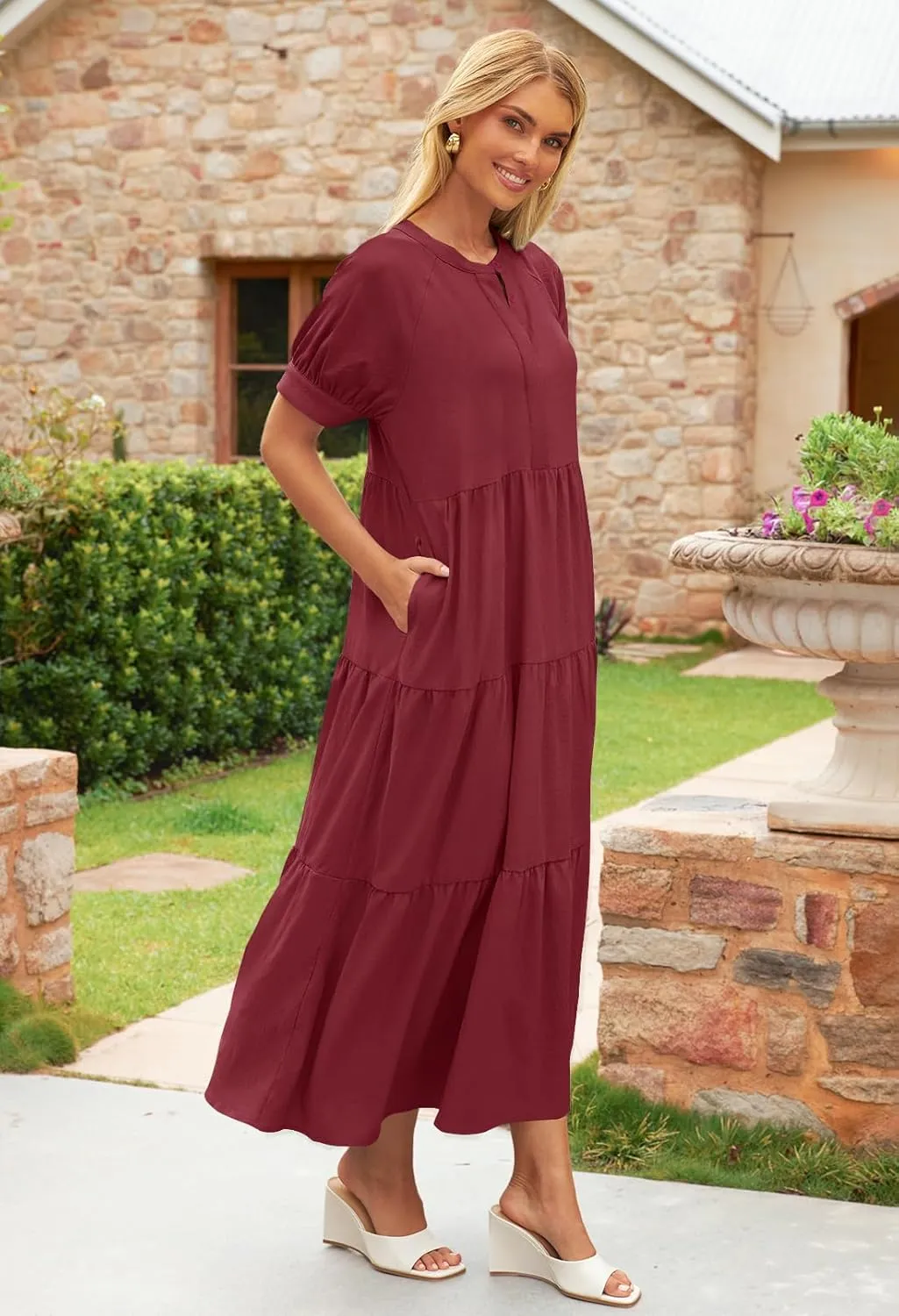 MEROKEETY Women Short Sleeve Summer Dress Button Down V Neck Ruffle Tiered Maxi Dresses