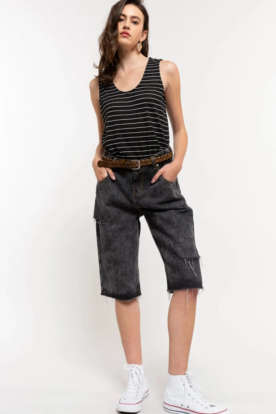 Mid Length Vintage Wash Grey Denim Shorts