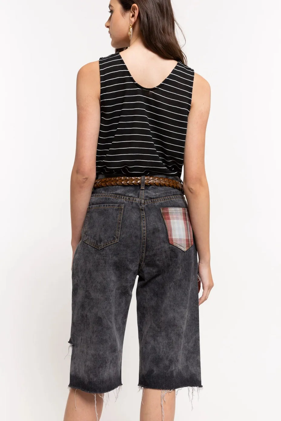 Mid Length Vintage Wash Grey Denim Shorts