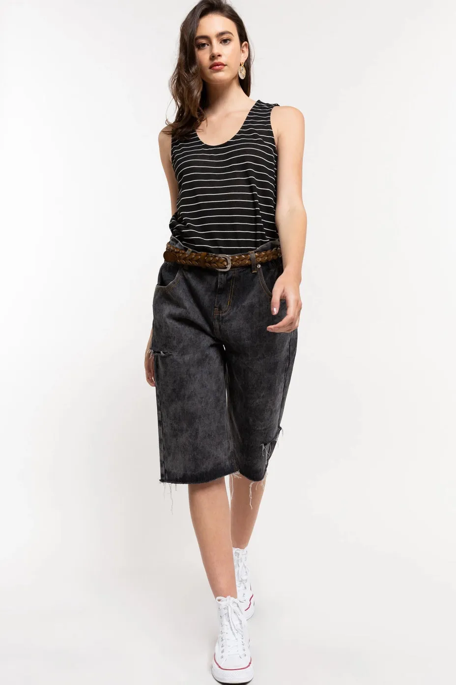 Mid Length Vintage Wash Grey Denim Shorts
