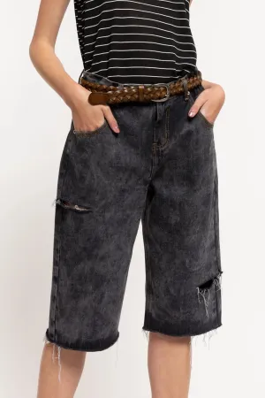Mid Length Vintage Wash Grey Denim Shorts