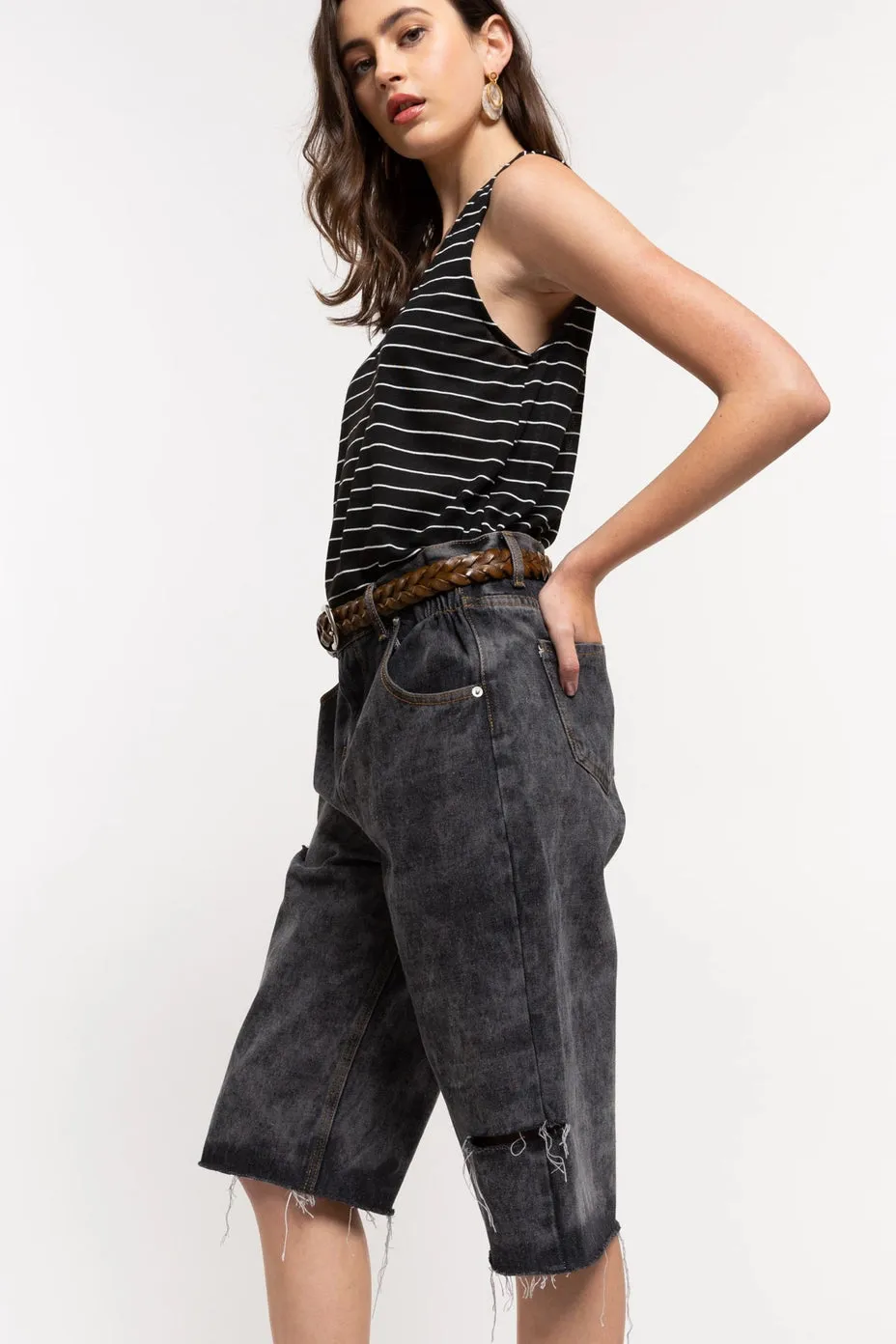 Mid Length Vintage Wash Grey Denim Shorts