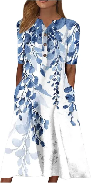 Midi Dresses for Women Elegant Floral Sexy V Neck Short Sleeve Summer Dress Casual Button Down Smocked Flowy Dress