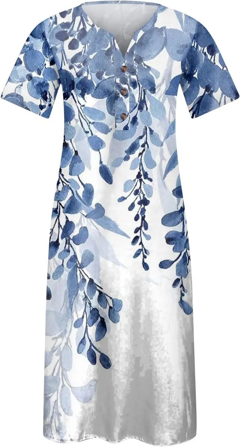 Midi Dresses for Women Elegant Floral Sexy V Neck Short Sleeve Summer Dress Casual Button Down Smocked Flowy Dress