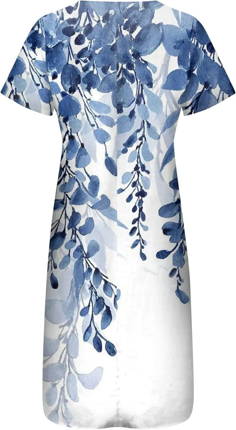 Midi Dresses for Women Elegant Floral Sexy V Neck Short Sleeve Summer Dress Casual Button Down Smocked Flowy Dress