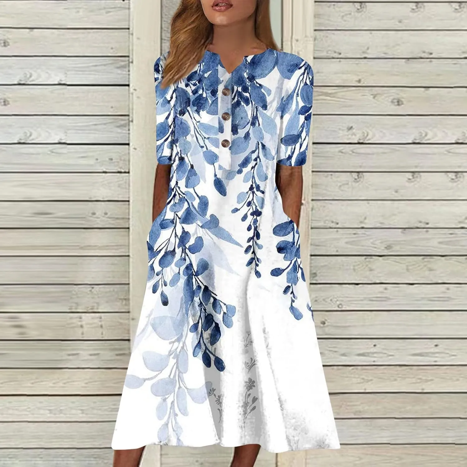 Midi Dresses for Women Elegant Floral Sexy V Neck Short Sleeve Summer Dress Casual Button Down Smocked Flowy Dress
