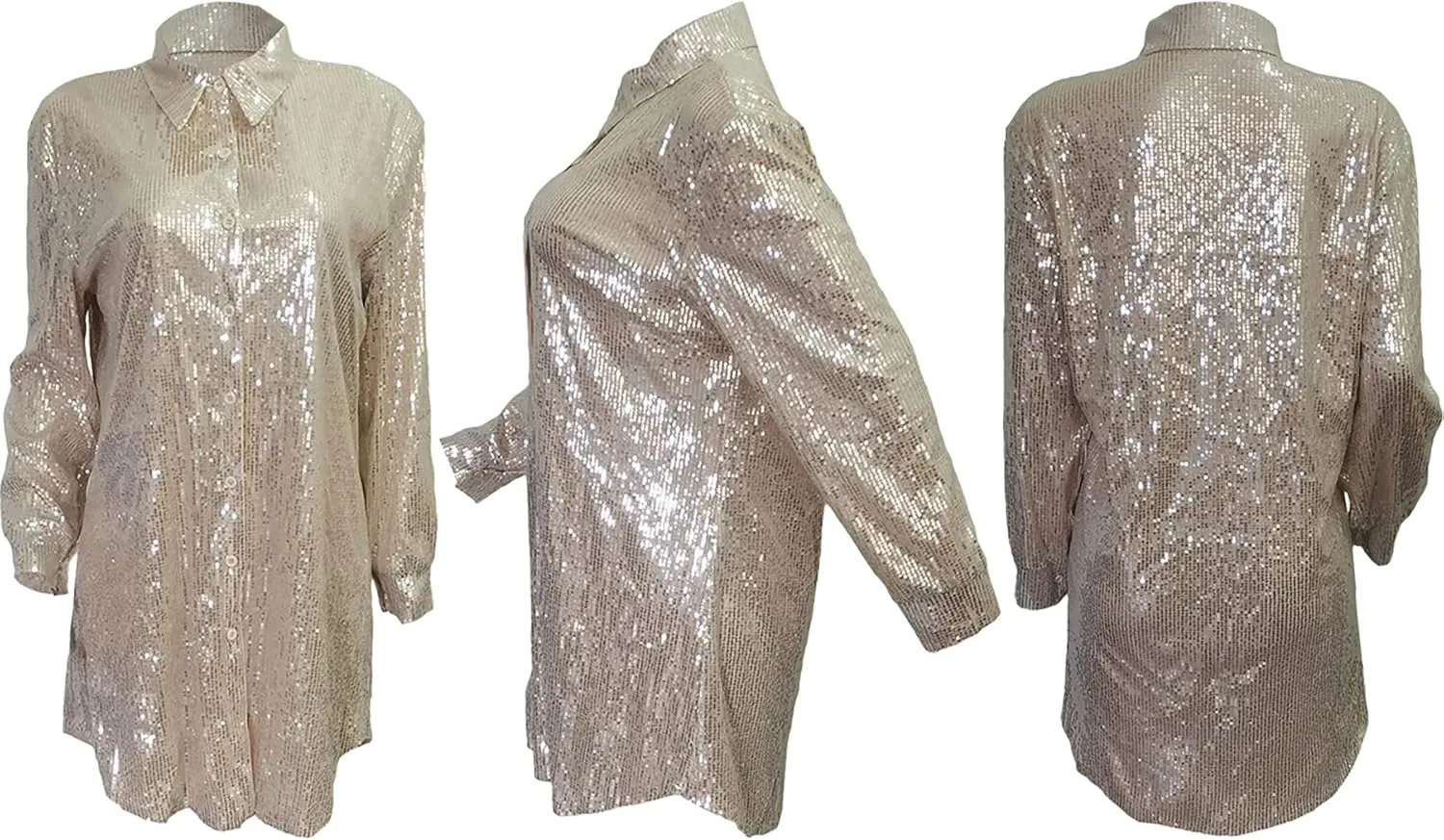 Midi Sequin Dress for Women Sparkle Button Down Sexy Shirt Dresses Long Sleeve Party Club Dress