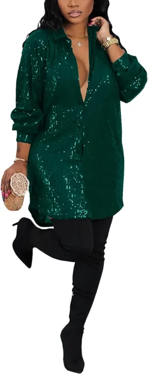 Midi Sequin Dress for Women Sparkle Button Down Sexy Shirt Dresses Long Sleeve Party Club Dress