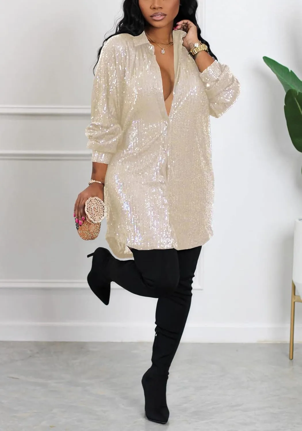 Midi Sequin Dress for Women Sparkle Button Down Sexy Shirt Dresses Long Sleeve Party Club Dress