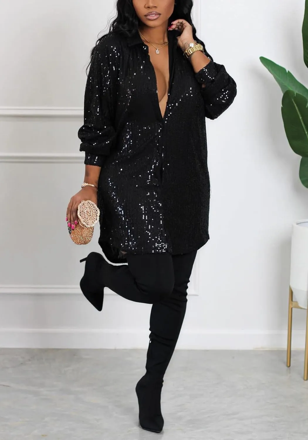 Midi Sequin Dress for Women Sparkle Button Down Sexy Shirt Dresses Long Sleeve Party Club Dress