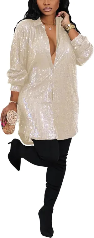 Midi Sequin Dress for Women Sparkle Button Down Sexy Shirt Dresses Long Sleeve Party Club Dress