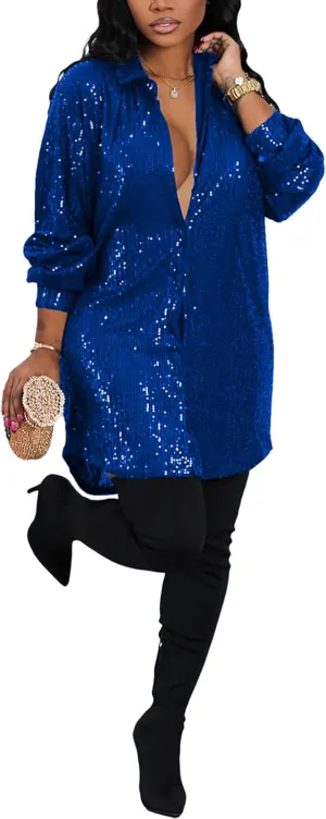 Midi Sequin Dress for Women Sparkle Button Down Sexy Shirt Dresses Long Sleeve Party Club Dress