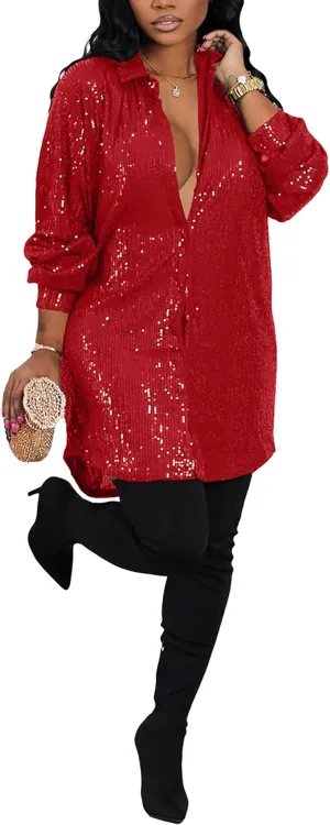 Midi Sequin Dress for Women Sparkle Button Down Sexy Shirt Dresses Long Sleeve Party Club Dress