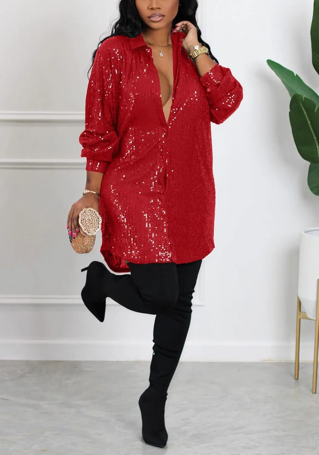 Midi Sequin Dress for Women Sparkle Button Down Sexy Shirt Dresses Long Sleeve Party Club Dress