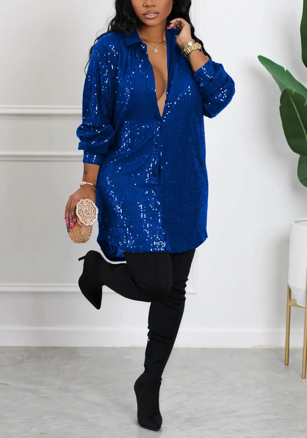 Midi Sequin Dress for Women Sparkle Button Down Sexy Shirt Dresses Long Sleeve Party Club Dress