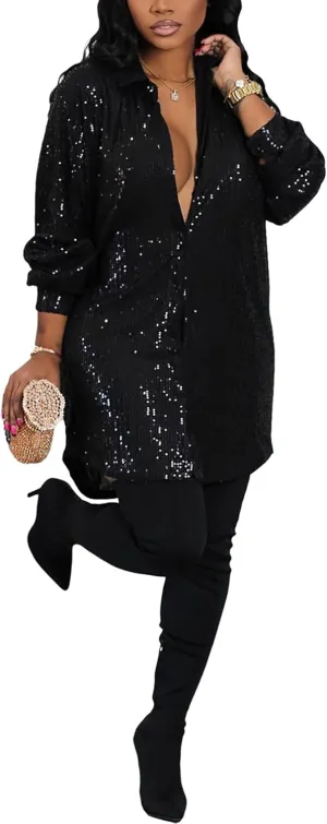 Midi Sequin Dress for Women Sparkle Button Down Sexy Shirt Dresses Long Sleeve Party Club Dress