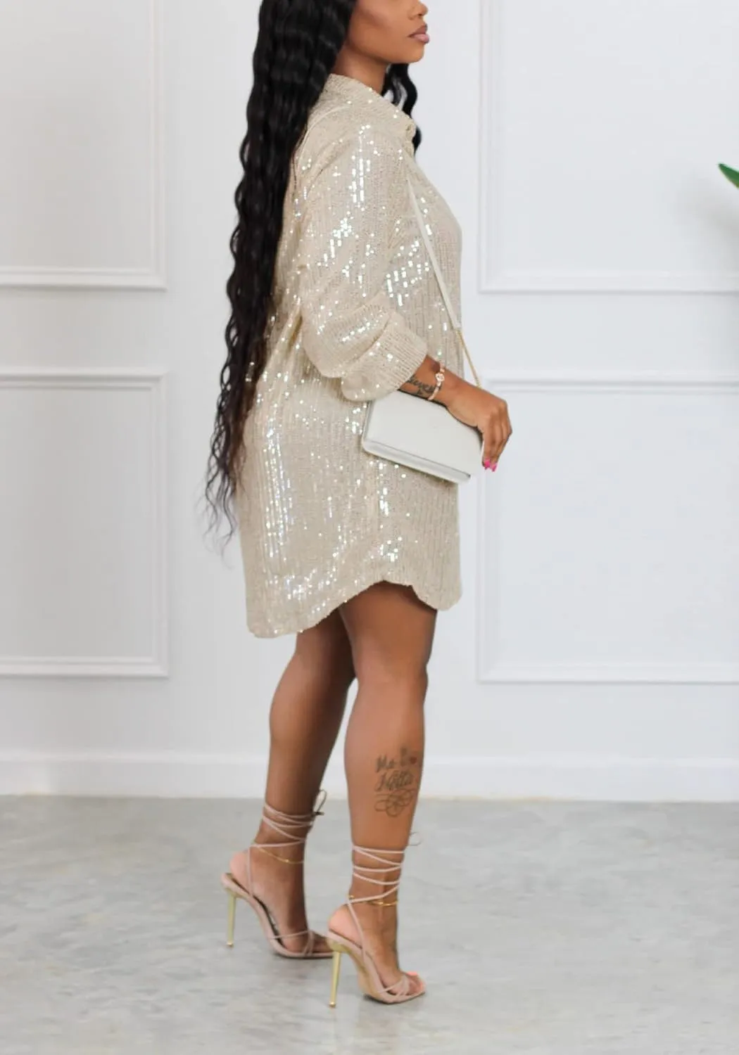 Midi Sequin Dress for Women Sparkle Button Down Sexy Shirt Dresses Long Sleeve Party Club Dress