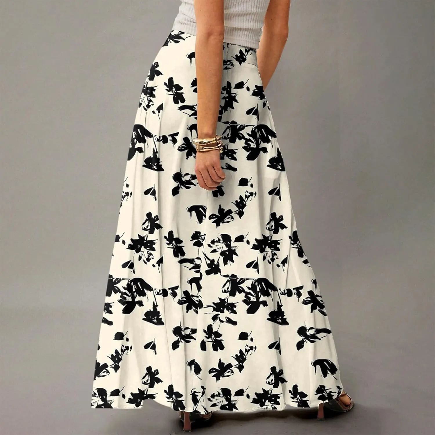 Midi Skirts for Women Summer High Waisted Pleated A-Line Swing Floral Long with Pockets