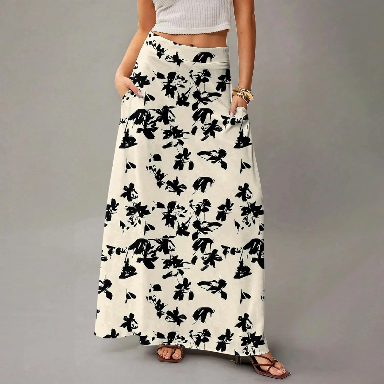 Midi Skirts for Women Summer High Waisted Pleated A-Line Swing Floral Long with Pockets