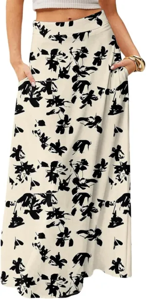 Midi Skirts for Women Summer High Waisted Pleated A-Line Swing Floral Long with Pockets