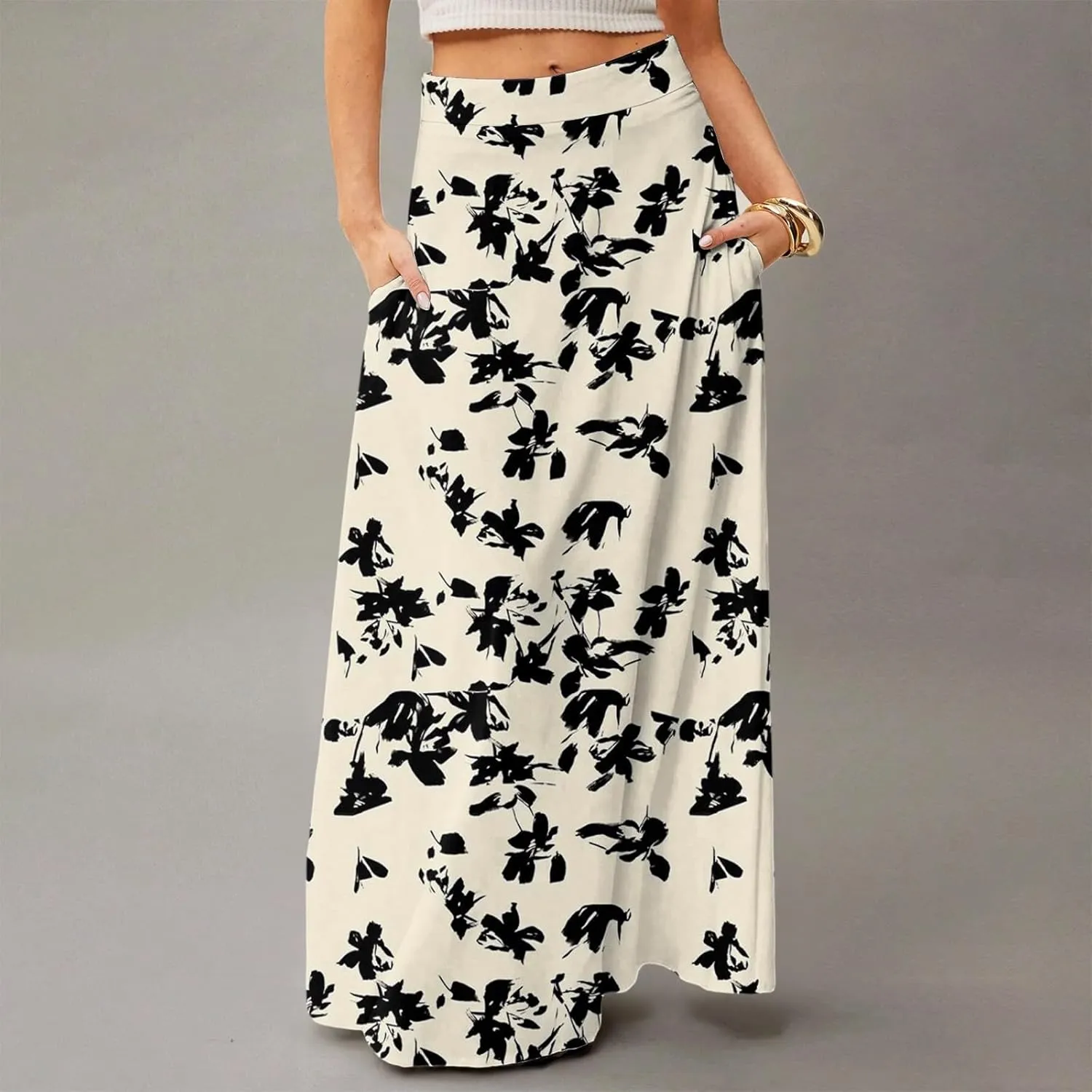 Midi Skirts for Women Summer High Waisted Pleated A-Line Swing Floral Long with Pockets