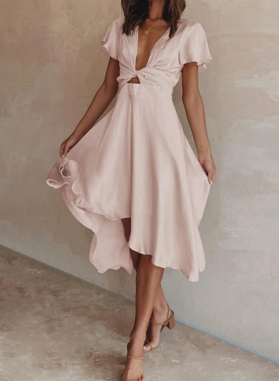 miduo Womens Satin V Neck Ruffle Short Sleeve Tie Front High Waist Midi A-Line Maxi Dresses