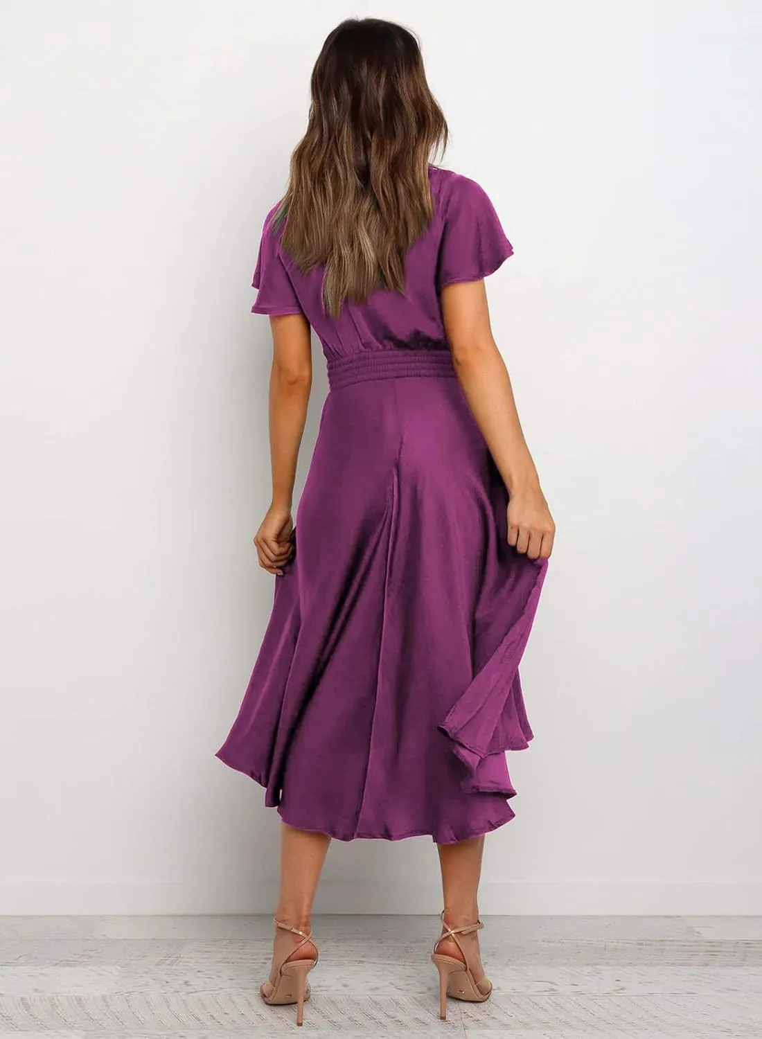 miduo Womens Satin V Neck Ruffle Short Sleeve Tie Front High Waist Midi A-Line Maxi Dresses