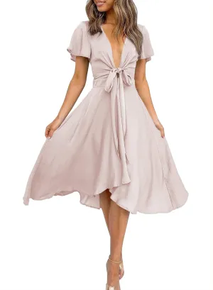 miduo Womens Satin V Neck Ruffle Short Sleeve Tie Front High Waist Midi A-Line Maxi Dresses