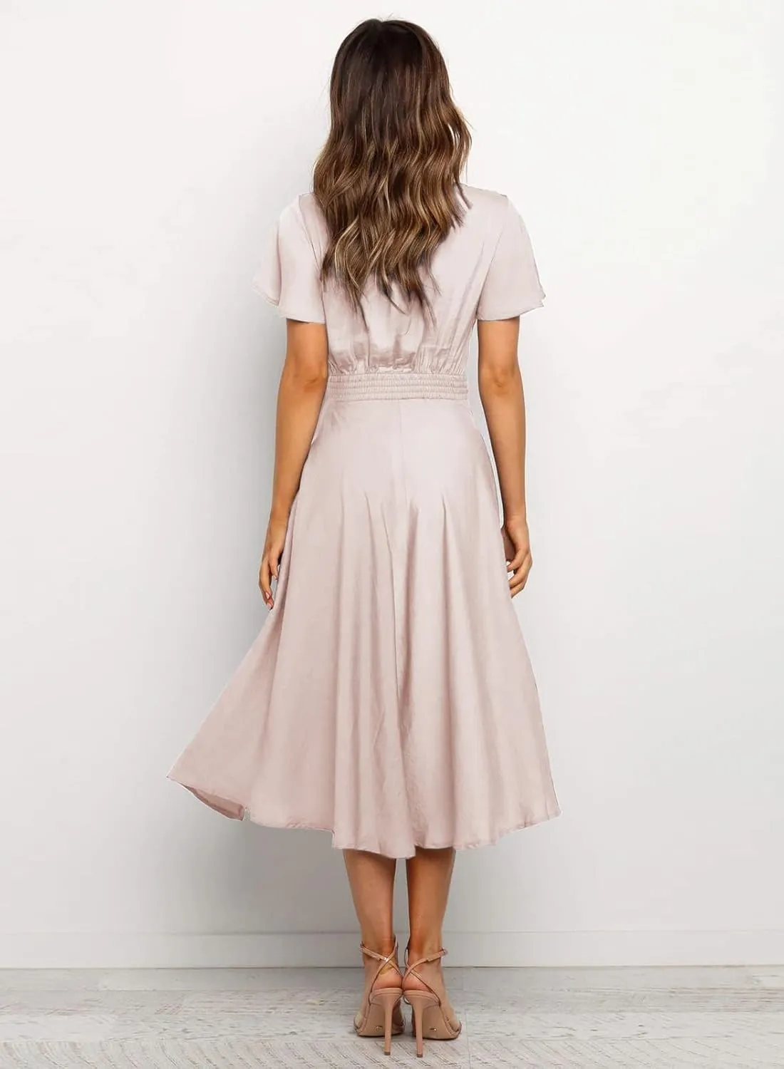 miduo Womens Satin V Neck Ruffle Short Sleeve Tie Front High Waist Midi A-Line Maxi Dresses