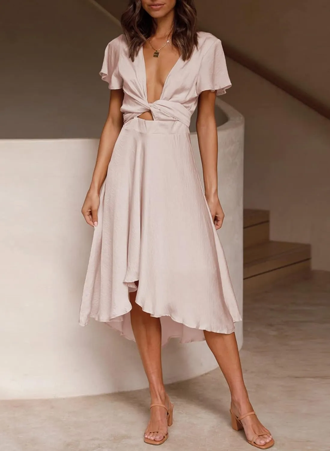 miduo Womens Satin V Neck Ruffle Short Sleeve Tie Front High Waist Midi A-Line Maxi Dresses