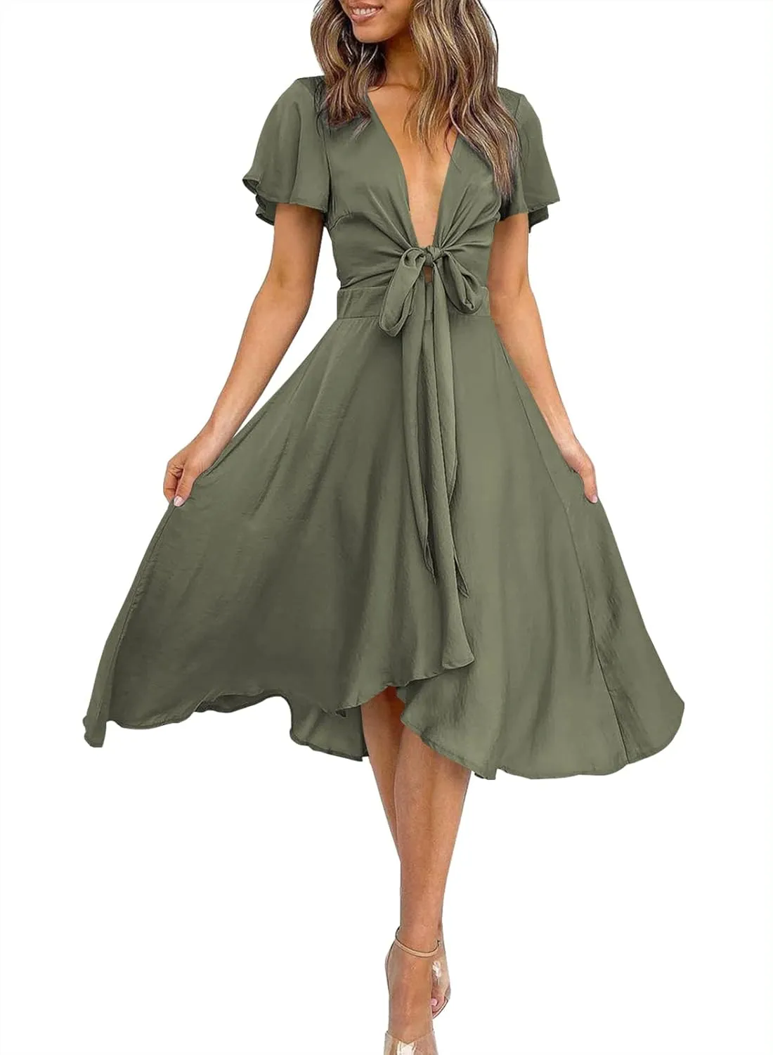 miduo Womens Satin V Neck Ruffle Short Sleeve Tie Front High Waist Midi A-Line Maxi Dresses