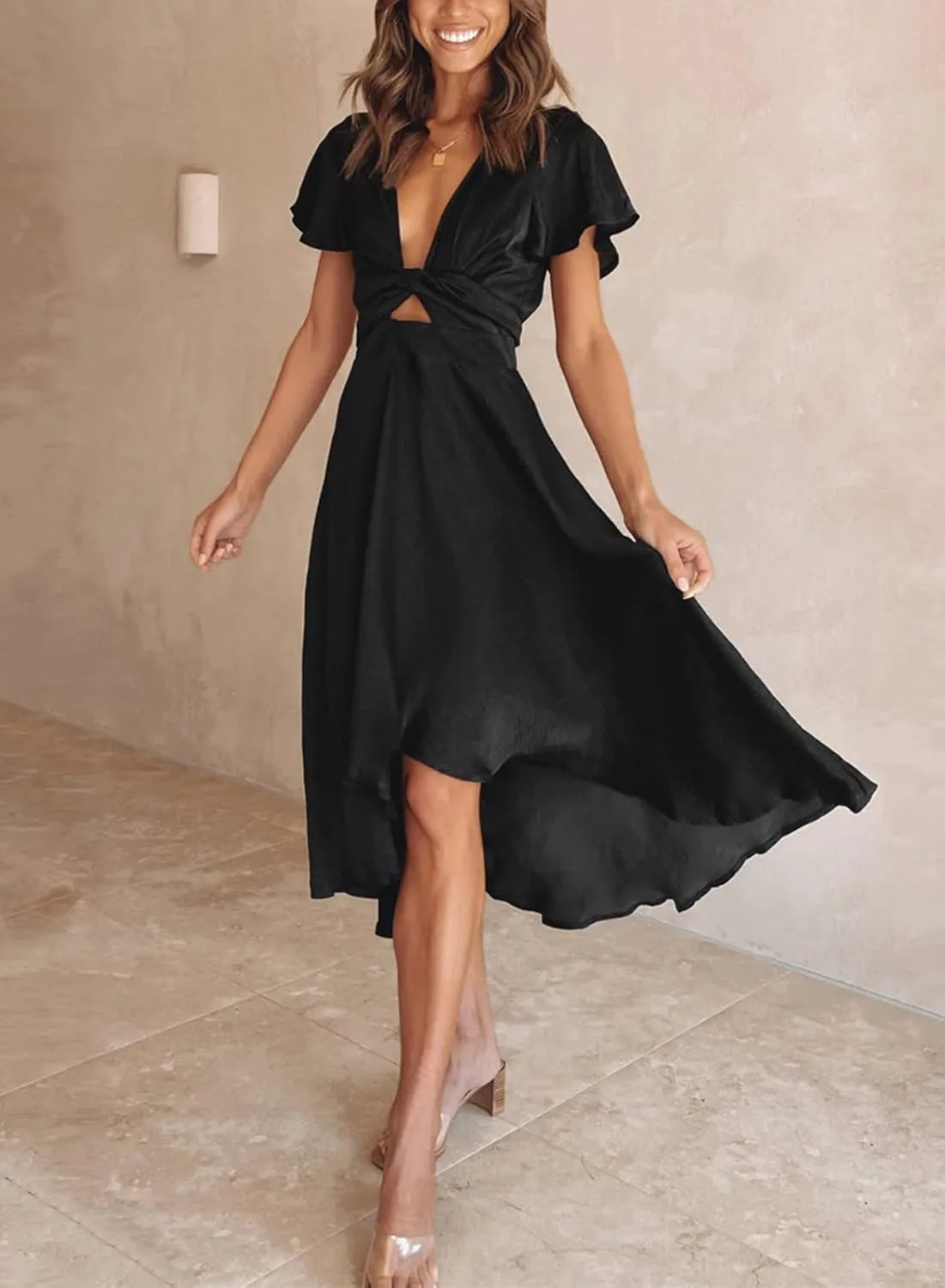 miduo Womens Satin V Neck Ruffle Short Sleeve Tie Front High Waist Midi A-Line Maxi Dresses