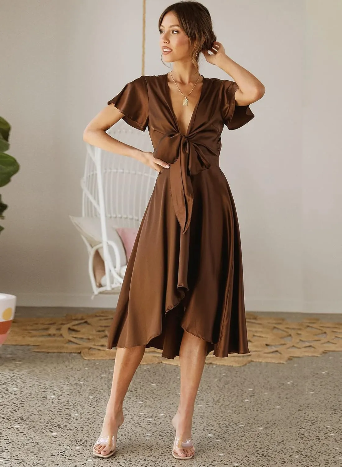 miduo Womens Satin V Neck Ruffle Short Sleeve Tie Front High Waist Midi A-Line Maxi Dresses