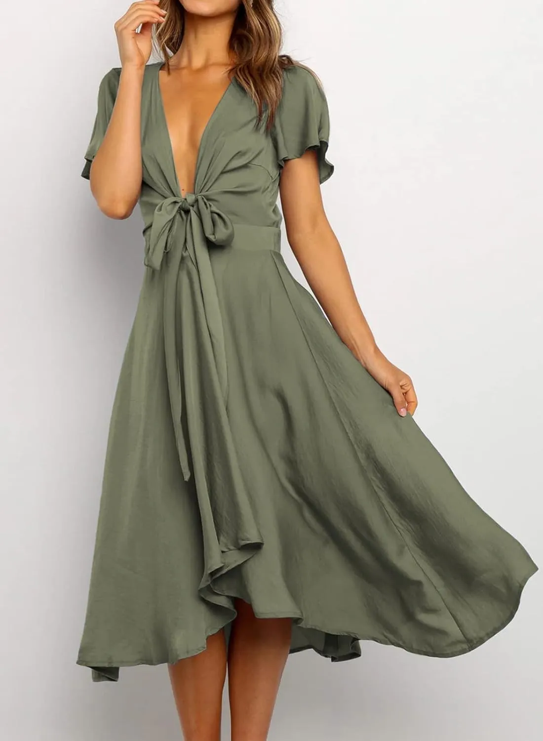 miduo Womens Satin V Neck Ruffle Short Sleeve Tie Front High Waist Midi A-Line Maxi Dresses