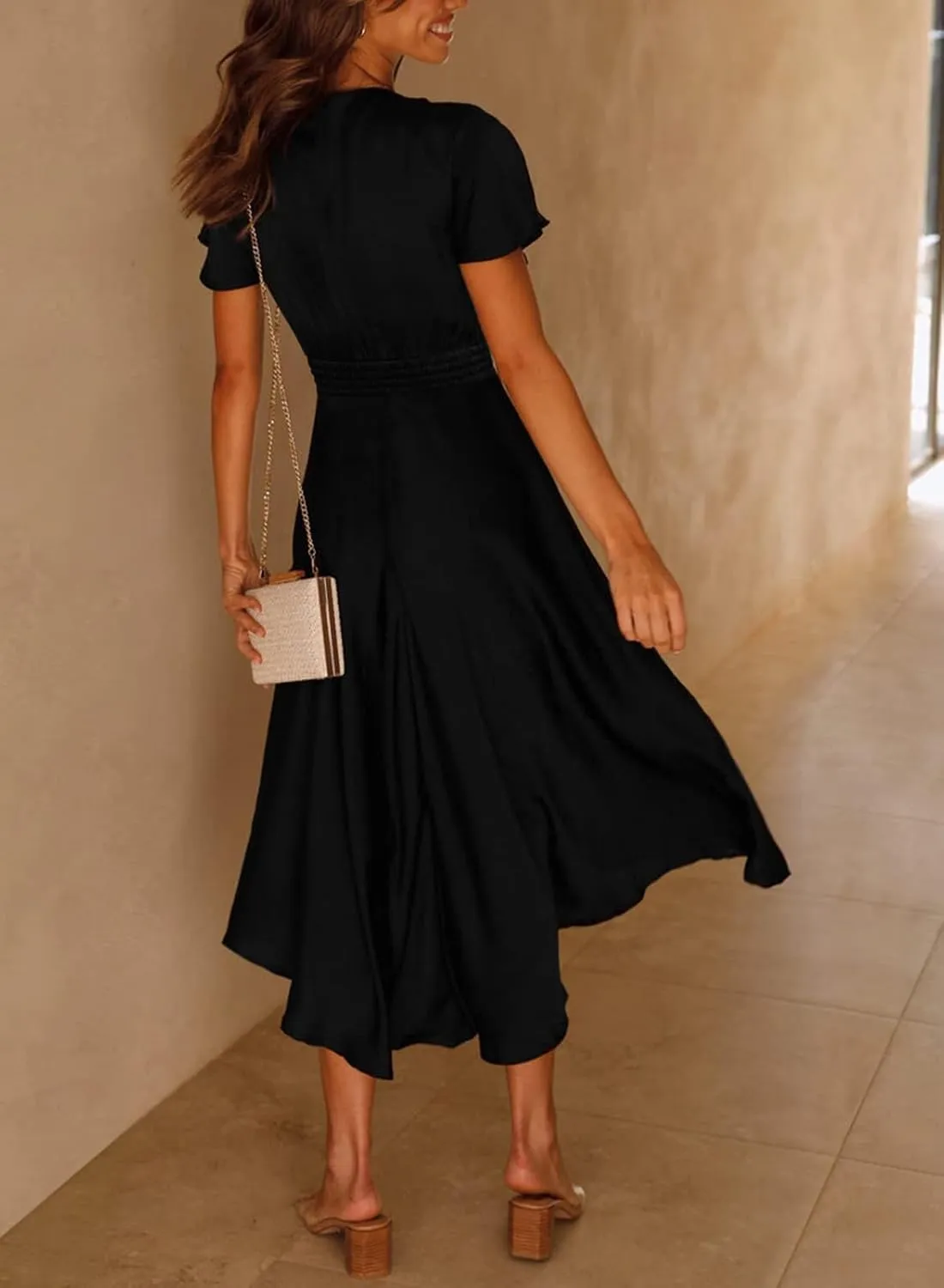 miduo Womens Satin V Neck Ruffle Short Sleeve Tie Front High Waist Midi A-Line Maxi Dresses