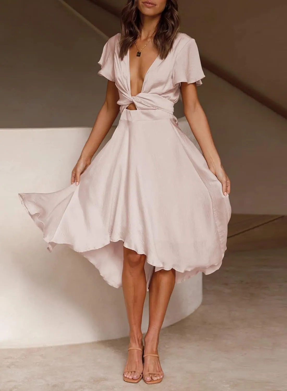 miduo Womens Satin V Neck Ruffle Short Sleeve Tie Front High Waist Midi A-Line Maxi Dresses
