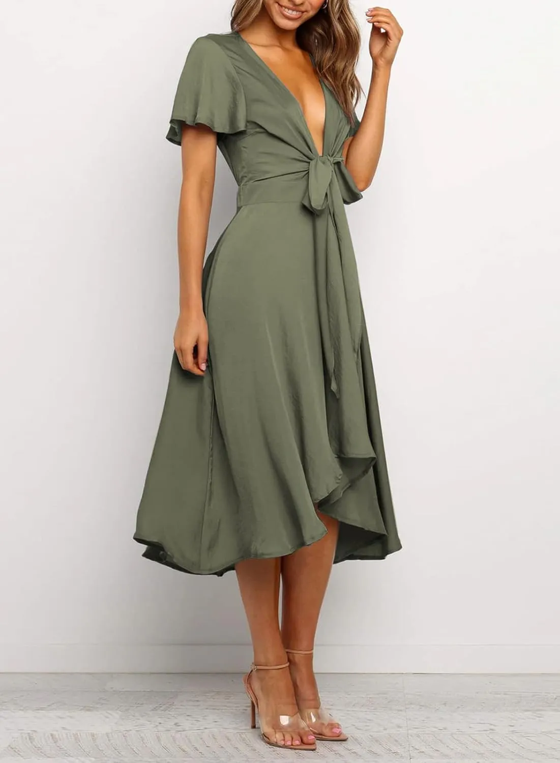 miduo Womens Satin V Neck Ruffle Short Sleeve Tie Front High Waist Midi A-Line Maxi Dresses