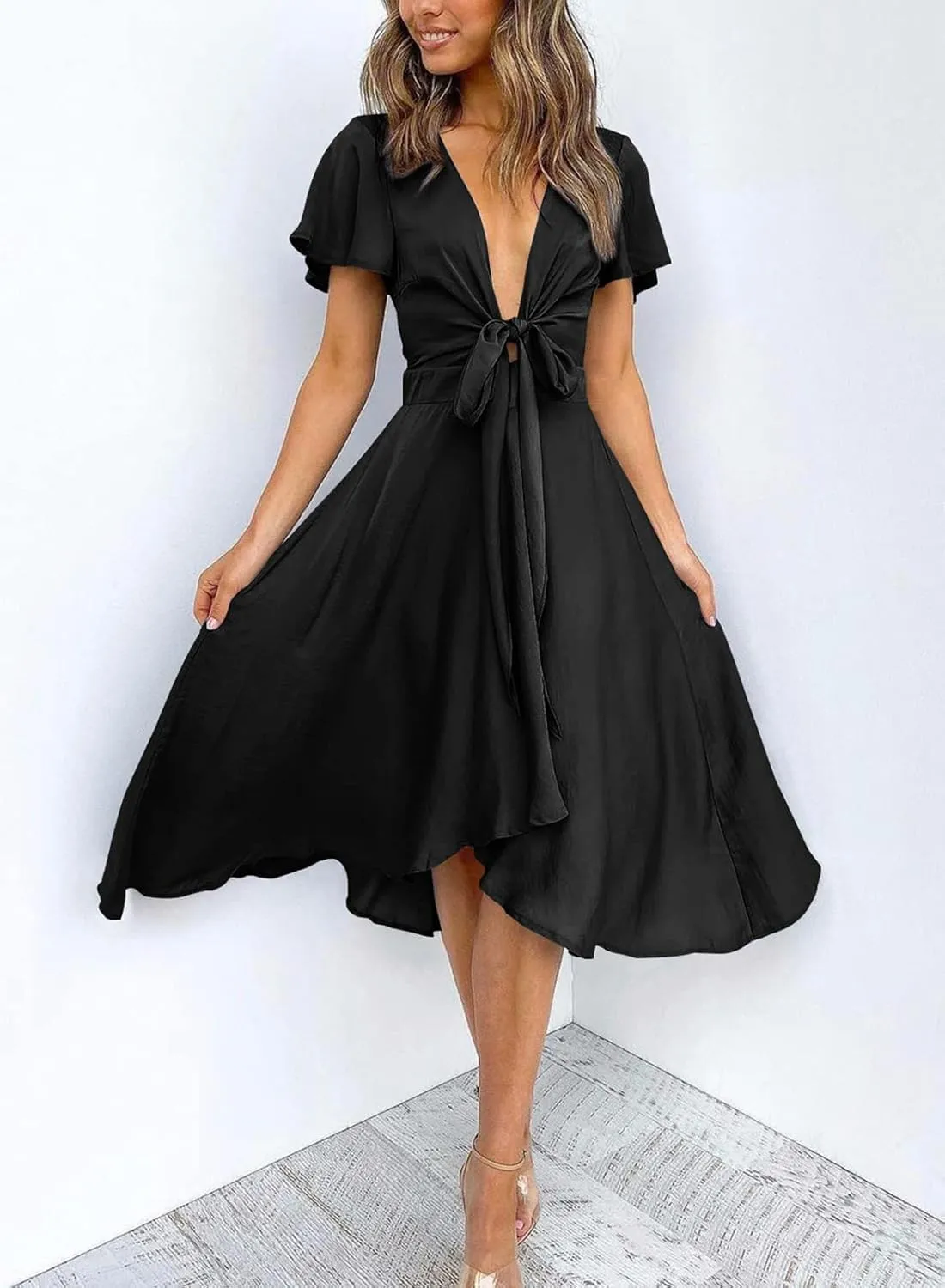 miduo Womens Satin V Neck Ruffle Short Sleeve Tie Front High Waist Midi A-Line Maxi Dresses