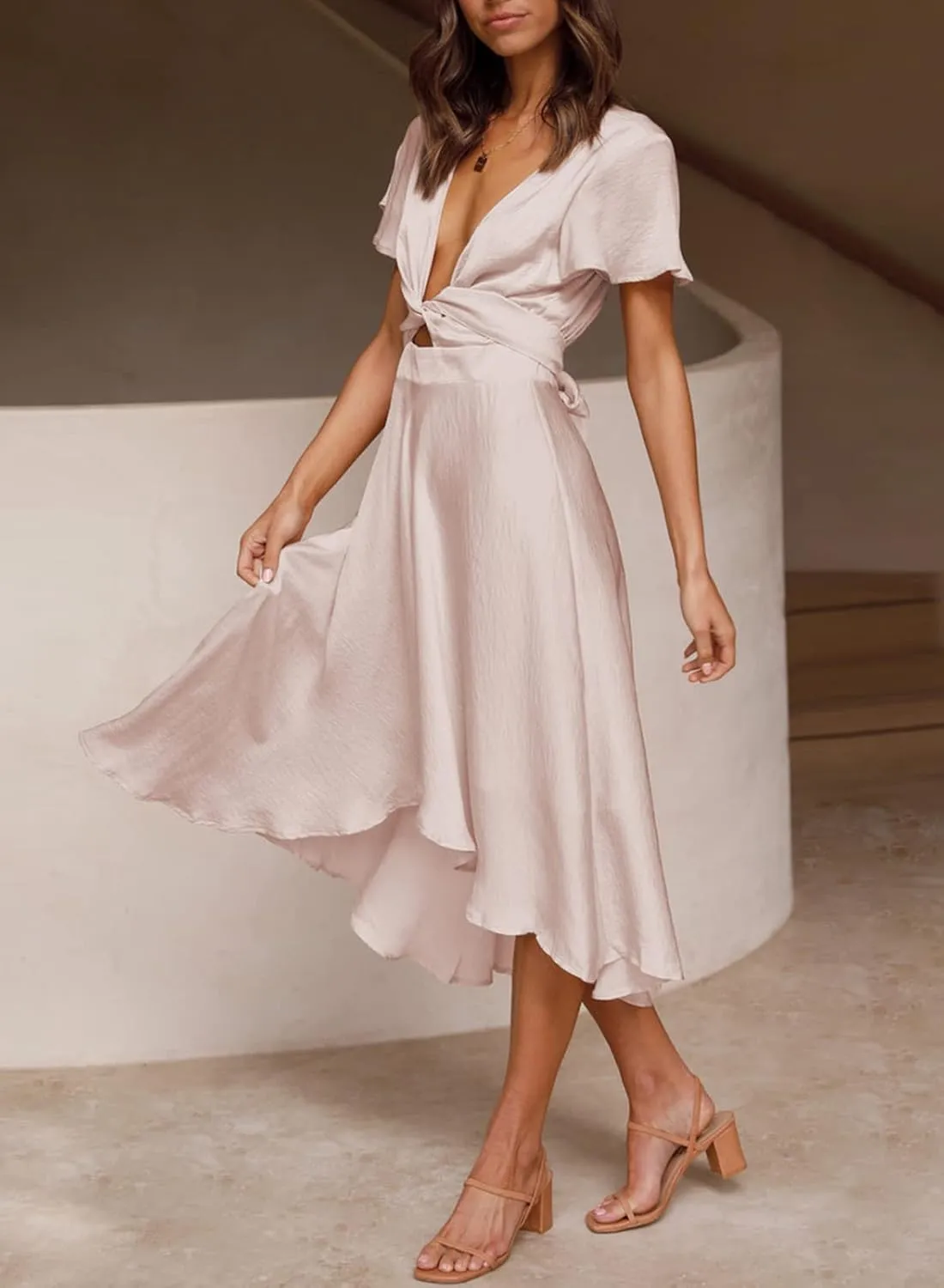 miduo Womens Satin V Neck Ruffle Short Sleeve Tie Front High Waist Midi A-Line Maxi Dresses