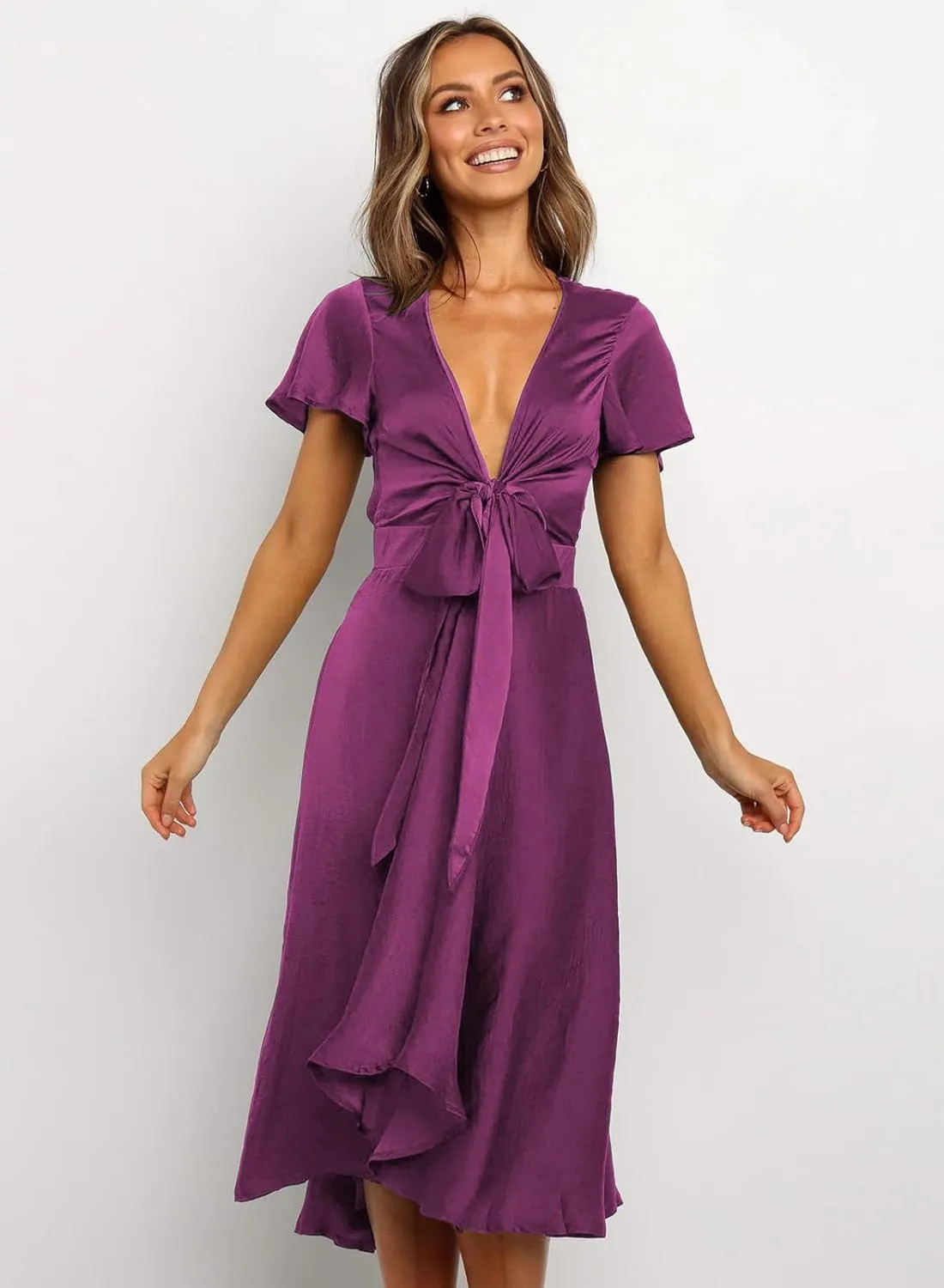 miduo Womens Satin V Neck Ruffle Short Sleeve Tie Front High Waist Midi A-Line Maxi Dresses