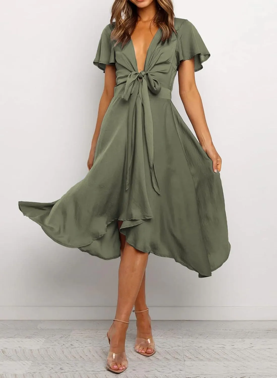 miduo Womens Satin V Neck Ruffle Short Sleeve Tie Front High Waist Midi A-Line Maxi Dresses