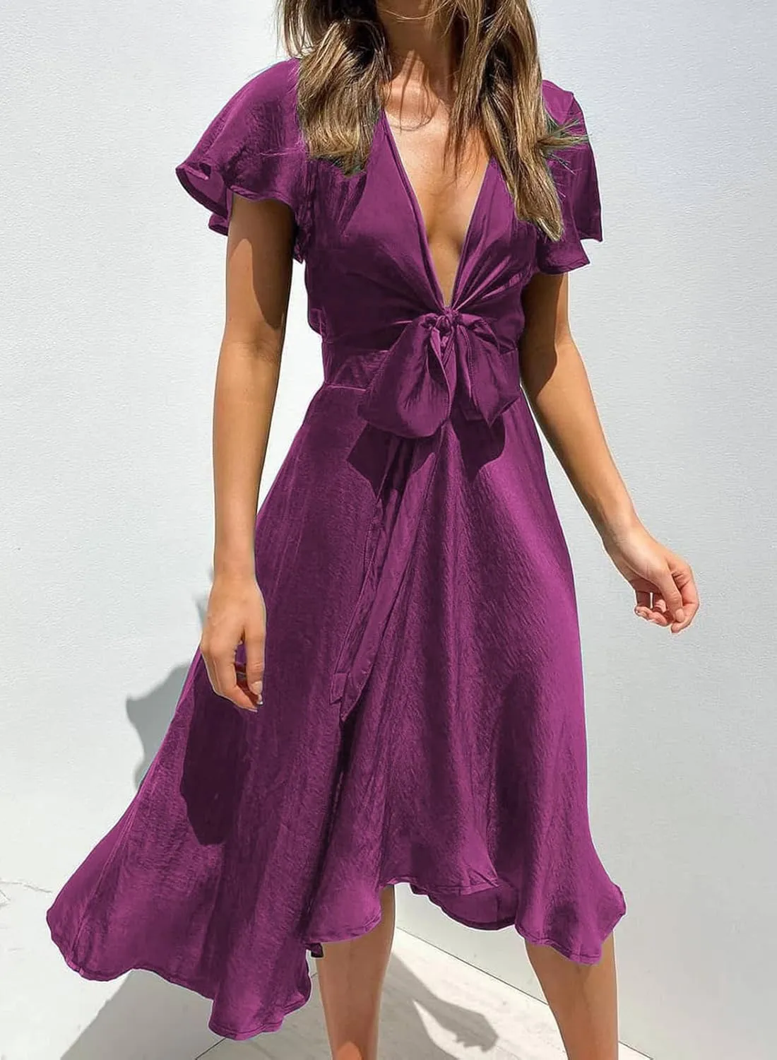 miduo Womens Satin V Neck Ruffle Short Sleeve Tie Front High Waist Midi A-Line Maxi Dresses