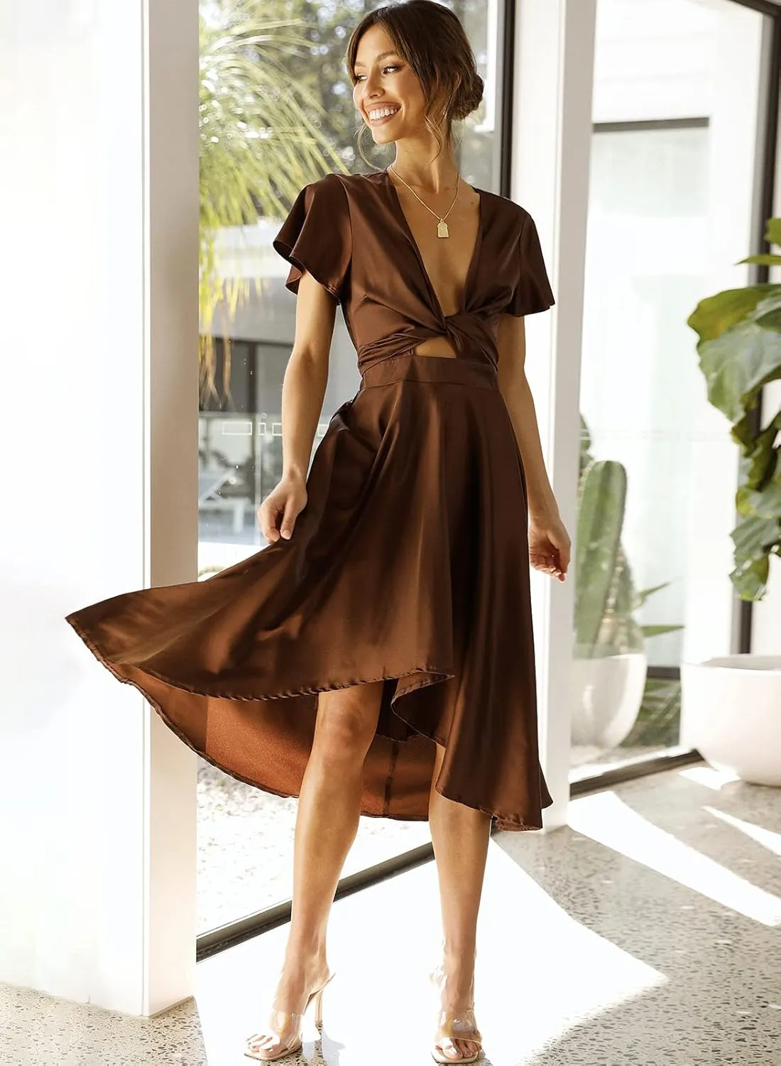 miduo Womens Satin V Neck Ruffle Short Sleeve Tie Front High Waist Midi A-Line Maxi Dresses