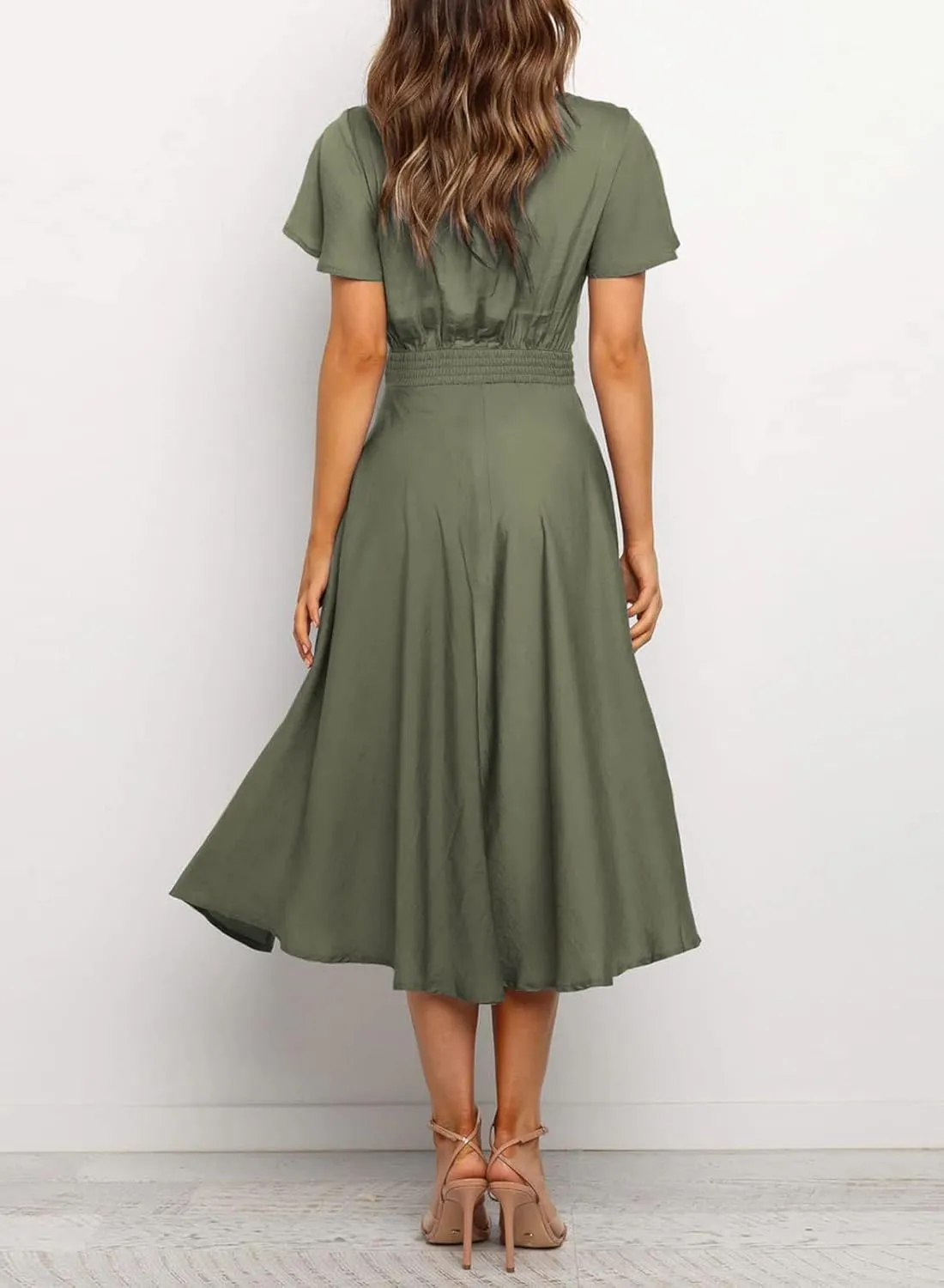 miduo Womens Satin V Neck Ruffle Short Sleeve Tie Front High Waist Midi A-Line Maxi Dresses